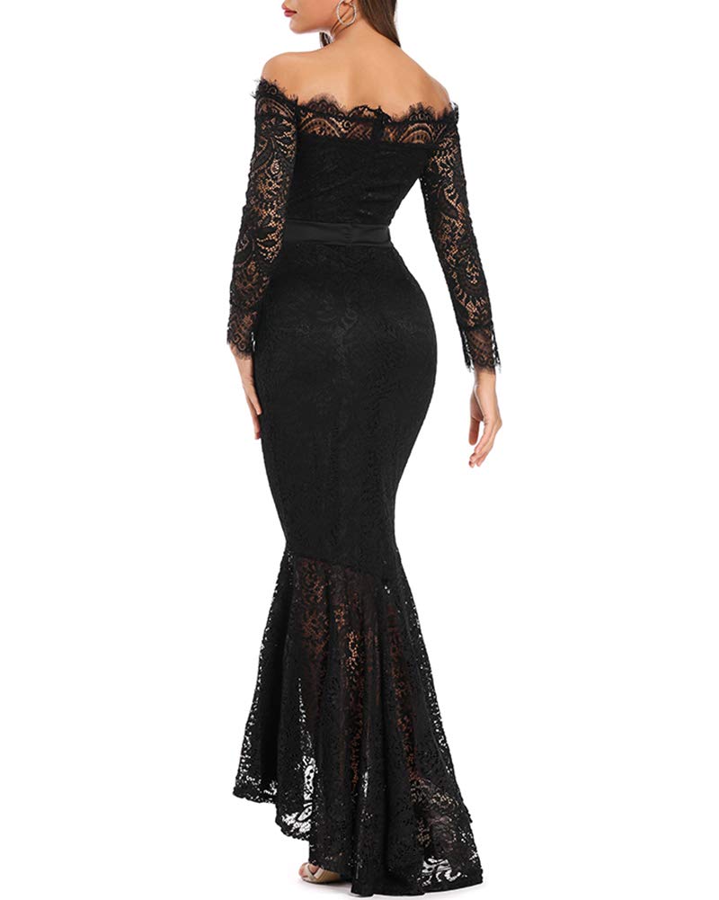 LALAGEN Women's Floral Lace Long Sleeve Off Shoulder Wedding Mermaid Dress Eyelash L Black - Image 2
